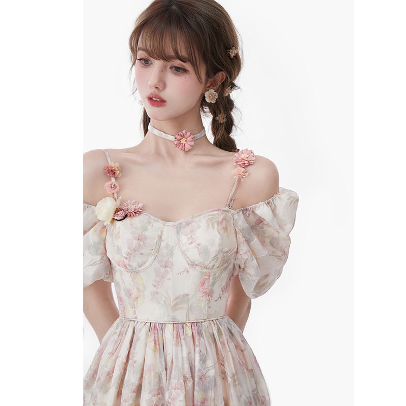 💥Đầm Dài Hai Dây Xẻ Tà Họa Tiết Hoa Phong Cách Công Chúa Kiểu Pháp Thời Trang Mùa Hè Mới đầm dự tiệc