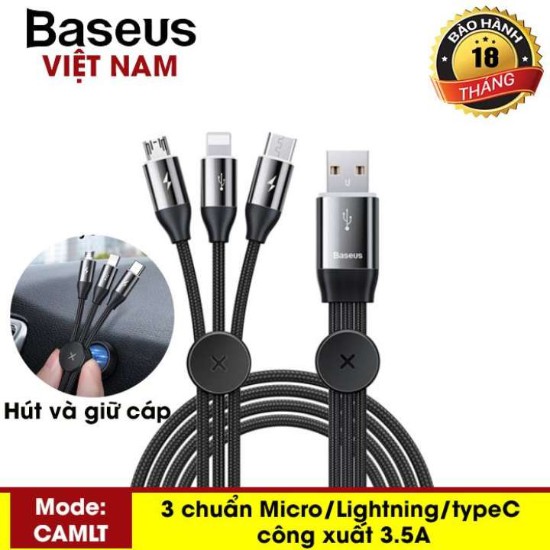 Cáp sạc đa năng 3 đầu Baseus có điểm dính từ tính cố định vị trí, đầu ra 3 trong 1 Micro USB Lighting, Type C cho Phone