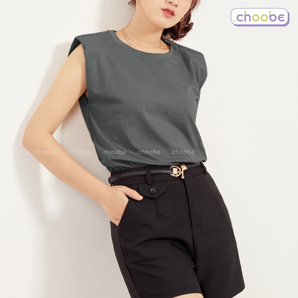 Áo phông nữ Choobe độn vai sát nách vải thun cotton form rộng phong cách Hàn Quốc ba lỗ trơn basic freesize A60