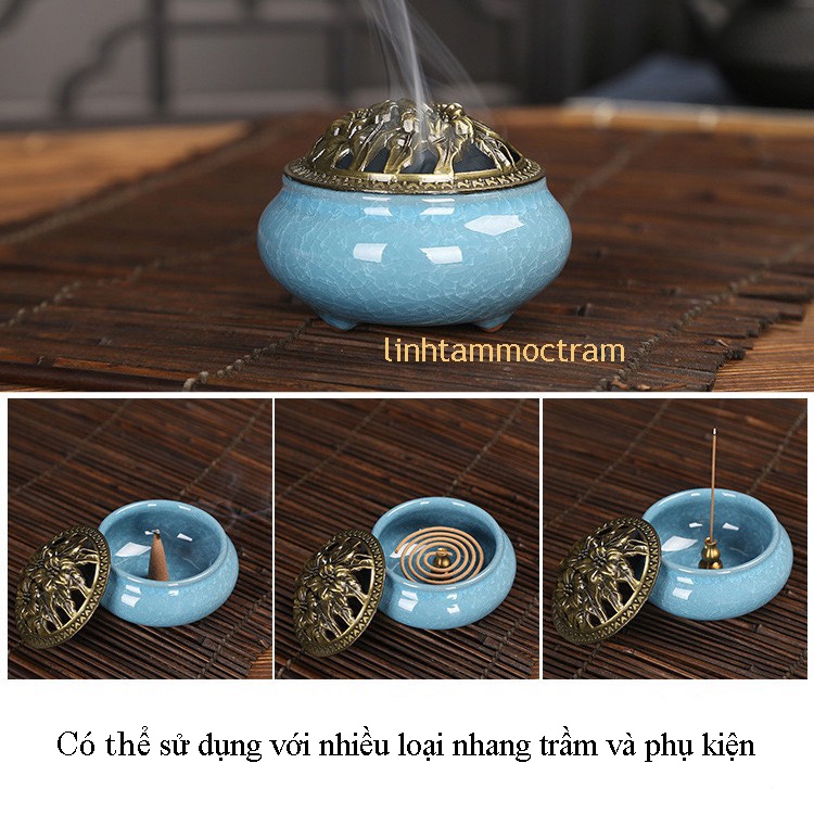 Lư xông trầm hương đỉnh đốt nhang gốm sứ tặng lót đáy + 10 nụ trầm