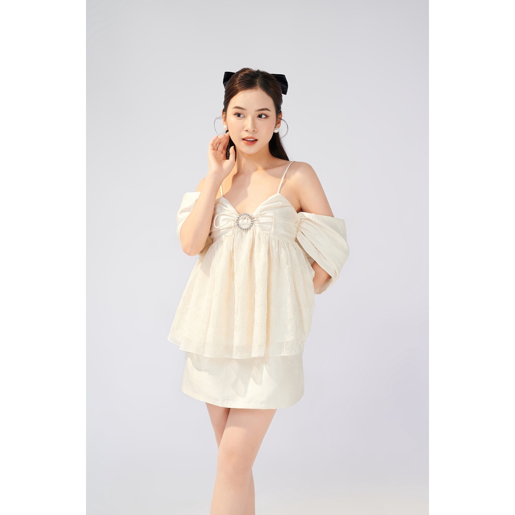 Somee studio Fanette blouse Áo trễ vai voan hoa phối tafta
