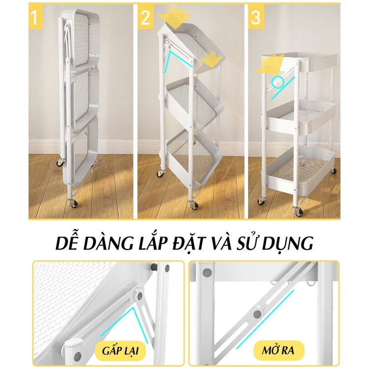 Kệ Để Đồ 3 Tầng Gấp Gọn có bánh xe - Kệ spa, kệ bỉm sữa MB HOME (NC11)