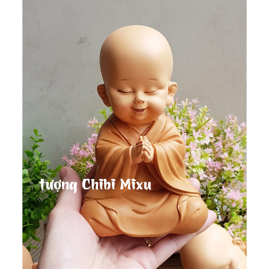 Bộ 03 chú tiểu an nhiên áo nâu kèm chân đế giả đá