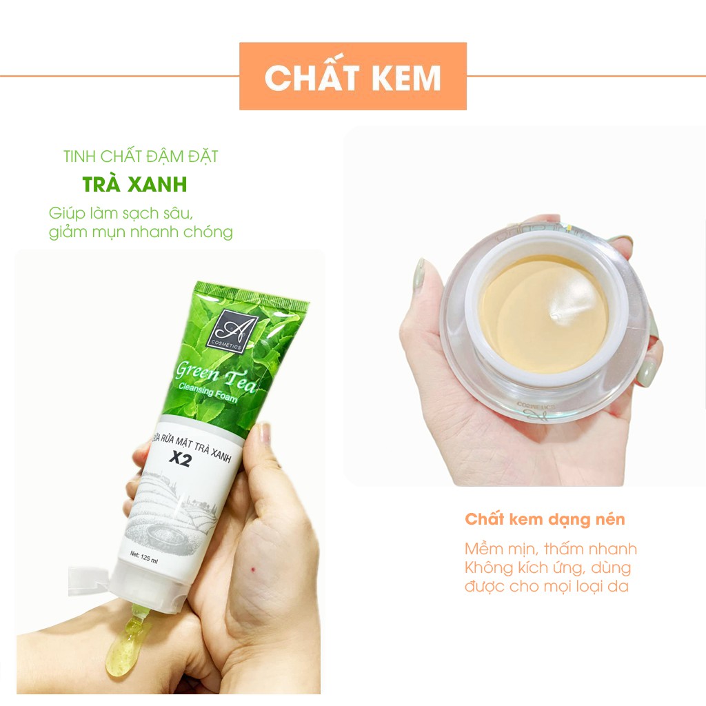 Bộ sản phẩm dưỡng trắng da mặt Acosmetics: Sữa rửa mặt trà xanh + Kem face pháp