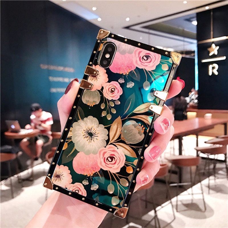 OPPO A93 A92 A52 A5 A9 A31 A53 2020 F15 F11 Pro F9 F7 F5 F1s A5s A3s A5 A7 Reno 4 Pro Realme 7i 7 C17 C15 C3 C2 Ốp điện thoại vuông in hình hoa mẫu đơn màu xanh sang trọng cho