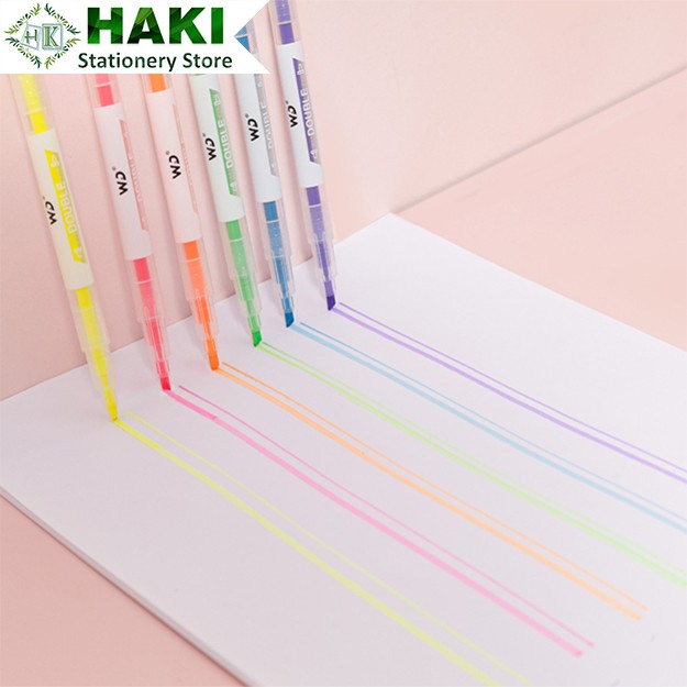 Bút highlight pastel dạ quang 2 đầu HAKI, bút đánh dấu nhớ dòng cute nhiều màu marker dễ thương B09