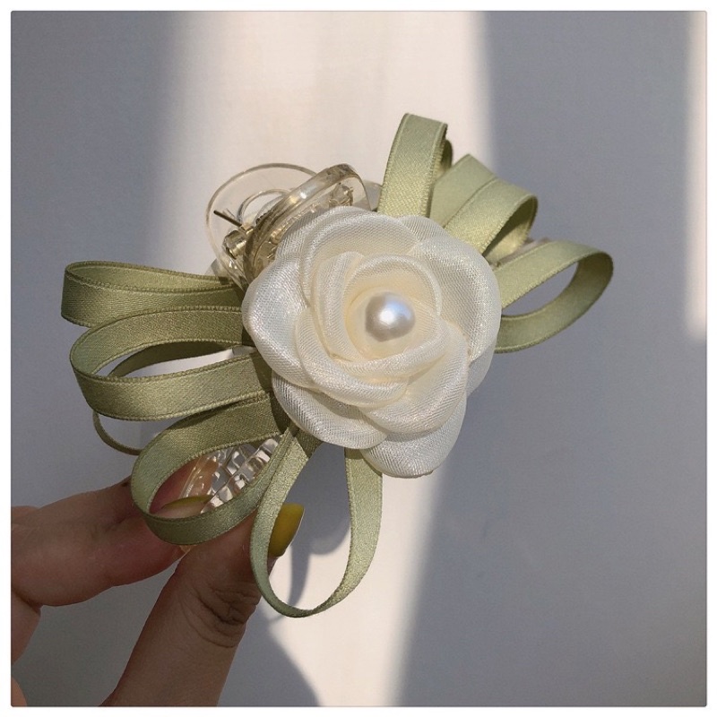Kẹp tóc nơ hoa màu xanh lá đính ngọc kẹp tóc sau đầu bản to xanh mát tua rua Hàn Quốc