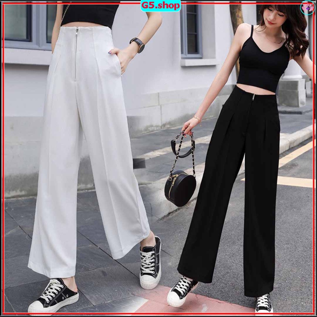 Quần nữ ống rộng lưng cao vải tuyết mưa, dáng suông dài khóa trước 2 màu đen trắng G5