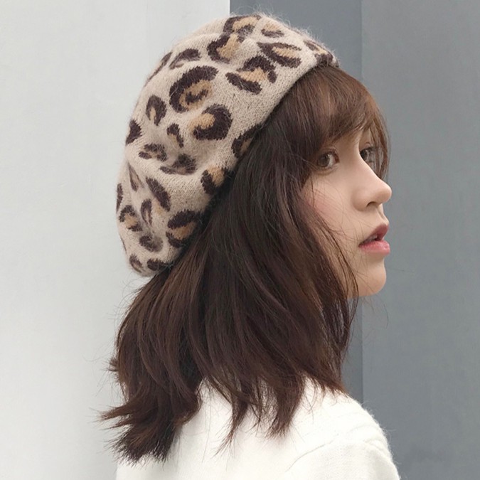 Mũ bê rê họa tiết da báo cá tính ấm áp phong cách Hàn Quốc hợp thời trang thu đông