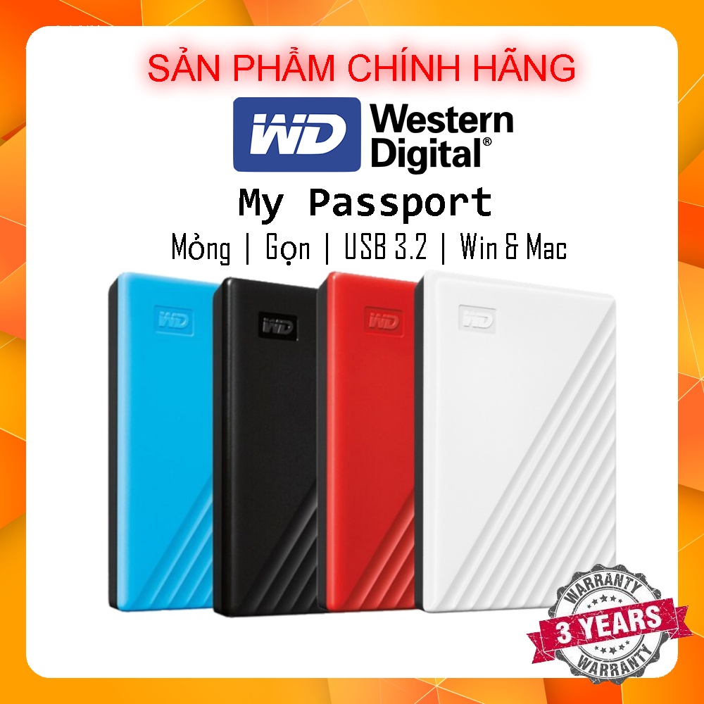 Ổ Cứng Di Động HDD WD My Passport 1TB | 2TB | 4TB | 5TB - USB 3.2 - Bản mới Super slim - BẢO HÀNH 3 NĂM