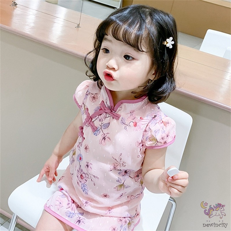 Đầm Sườn Xám Chất Chiffon Hoạ Tiết Hoa Phong Cách Retro Cho Bé