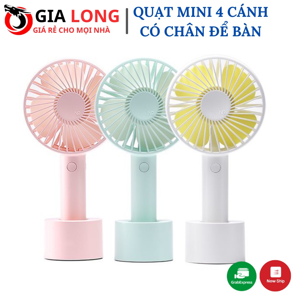 Quạt Cầm Tay Pin Sạc 4 Cánh 3 Tốc Độ Gió Có Đế Để Bàn, Quạt Để Bàn Pin Sạc USB Cao Cấp - FREESHIP Đơn Hàng Từ 50k