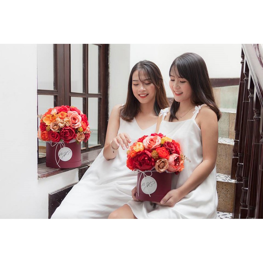 Lẵng hoa lụa tròn Lava Amber