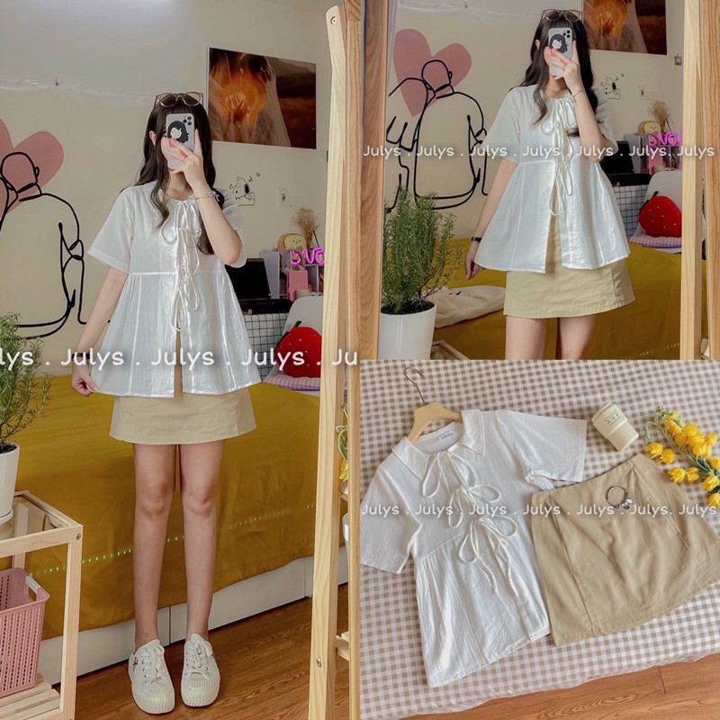[Mã FAGREEN245 giảm 10% tối đa 30K đơn 99K] Set áo babydoll cổ 3 nơ và chân váy ngắn (ảnh thật shop chụp kèm video) | BigBuy360 - bigbuy360.vn