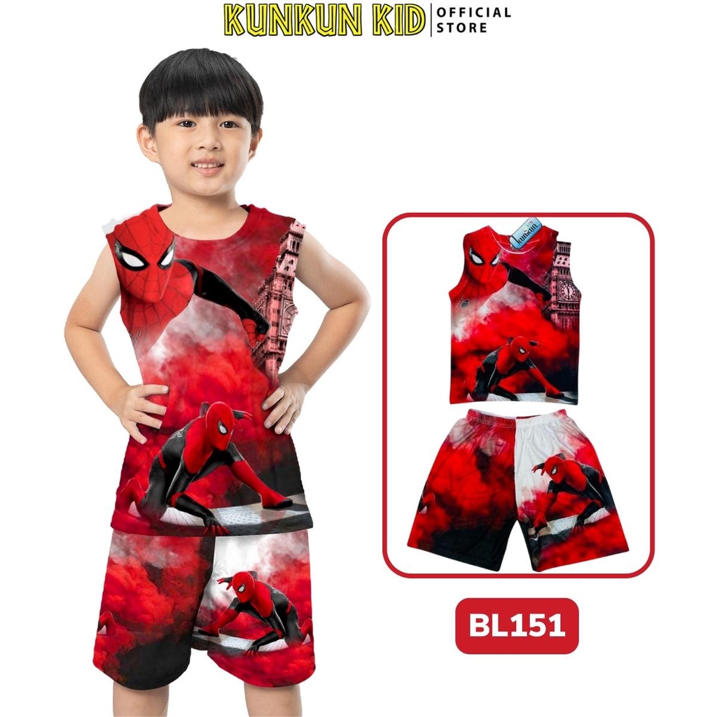 Bộ ba lỗ bé trai in hình người nhện spiderman thun lạnh KunKun Kid BL151 size đại từ 10kg - 40kg cao cấp