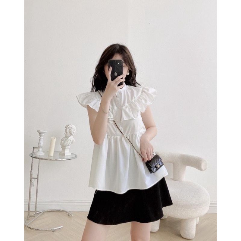 Áo Sơ Bèo Vai Sát Nách Màu Trắng Phong Cách Hàn Quốc