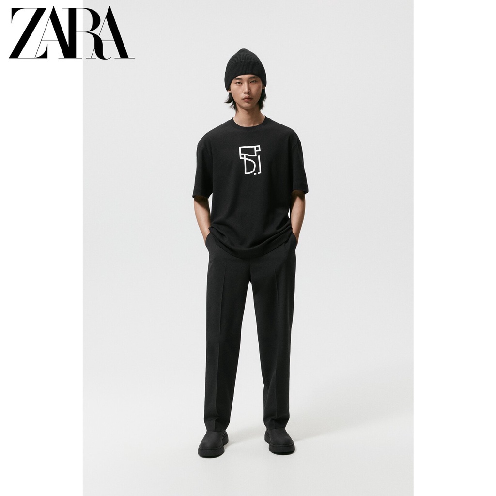 Áo Thun Cotton Ngắn Tay Cổ Tròn In Họa Tiết Zara Cá Tính Cho Nam