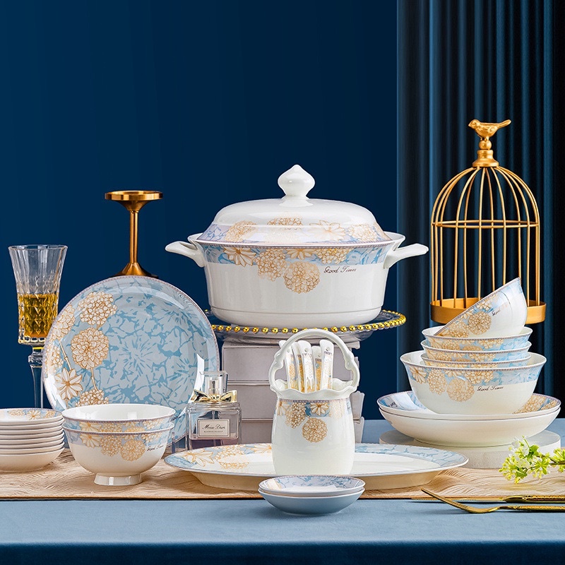 Bộ bát đĩa sứ xương cao cấp họa tiết hoa cúc, phong cách hoàng gia, sang trọng & tinh tế