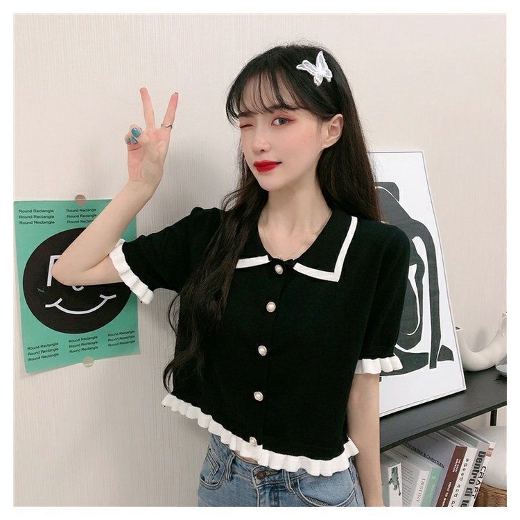 Áo Thun Dệt Kim Ngắn Tay Cổ Búp Bê Thời Trang Cá Tính