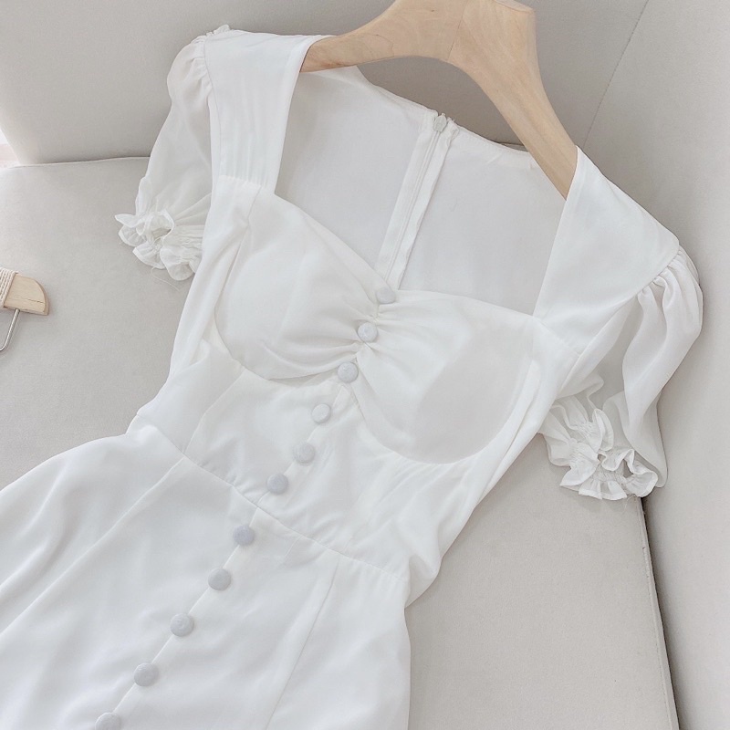 Đầm midi voan bi trắng cổ vuông LOTUS SHOP