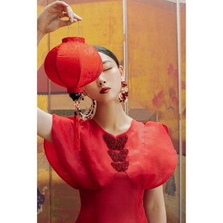 Áo dài organza đỏ đính bướm pha lê và quần lụa -hbad27 hbq18
