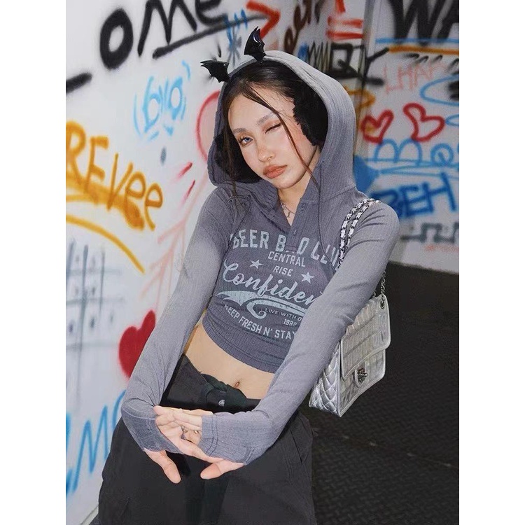 [Wasteland Style] Áo Thun Dệt Kim Có Mũ Trùm Đầu Tay Dài Ôm Dáng Ngắn Phong Cách Retro Mỹ ins Cho Nữ