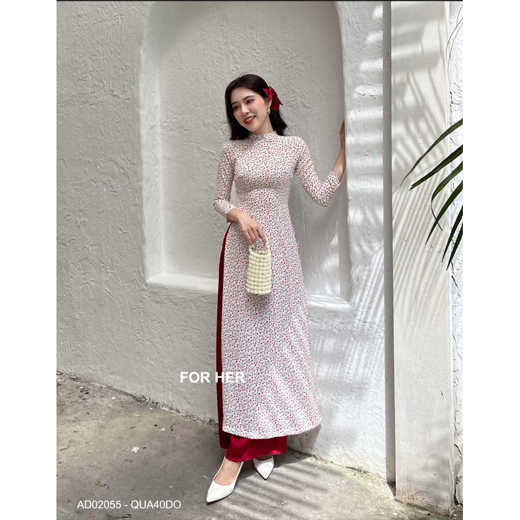 Áo dài trắng hoa nhí đỏ AD02055