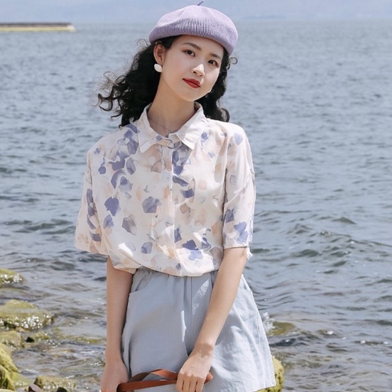 Áo Sơ Mi Voan Hoa Ngắn Tay Dáng Rộng Xinh Xắn Dành Cho Nữ