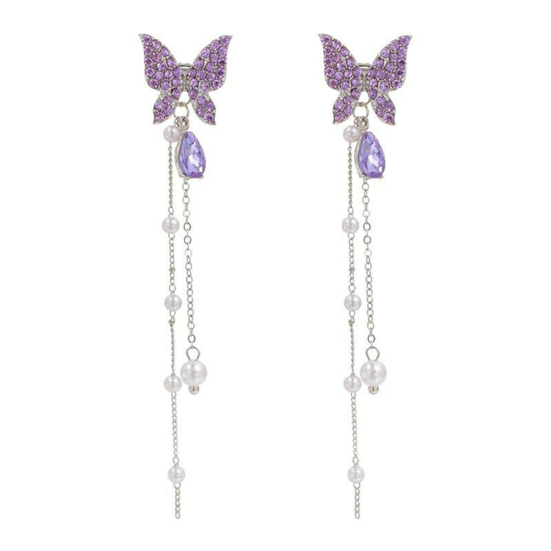 BUTTERFLY Hoa Tai Dáng Dài Hình Bướm Đính Đá Phối Tua Rua Thanh Lịch