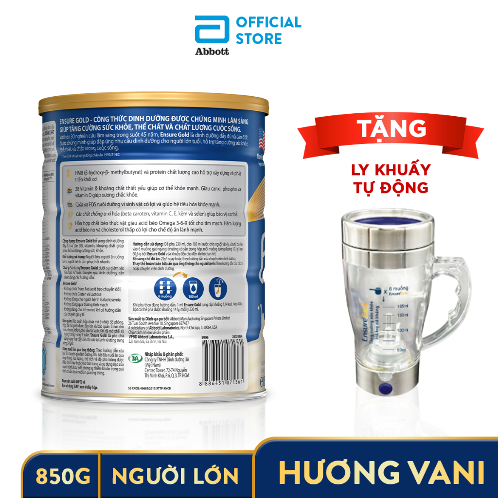 [Tặng ly khuấy tự động] Sữa bột Ensure Gold Vani (HMB) 850g