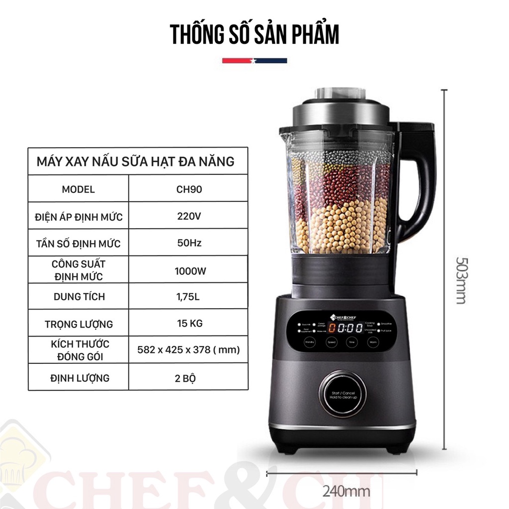 [Mã ELHA22 giảm 6% đơn 300K] MÁY LÀM SỮA HẠT XAY NẤU TỰ ĐỘNG CHEF&amp;CHEF CH90 NÚT XOAY CẢM ỨNG