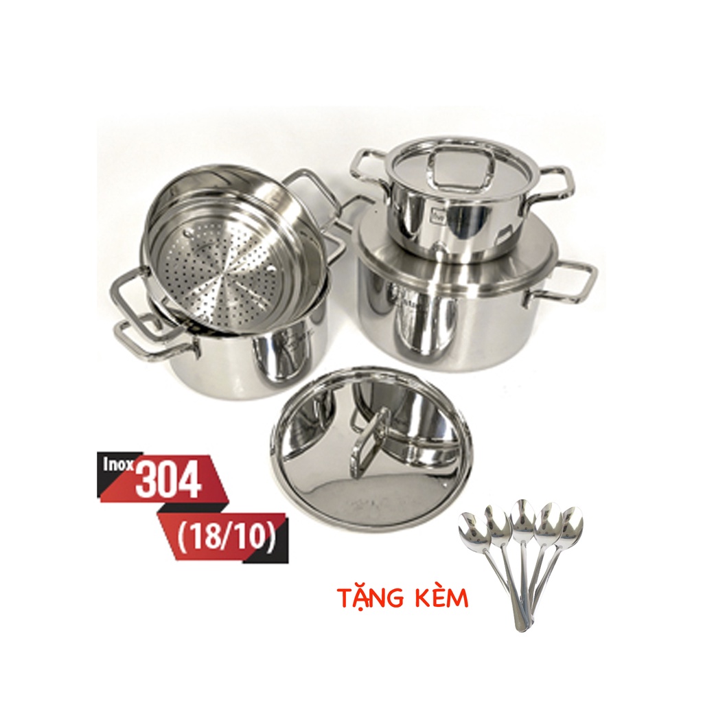 Bộ nồi 3 lớp đáy liền inox 304 Fivestar Plus 4 món bếp từ nắp inox tặng 10 muỗng ăn