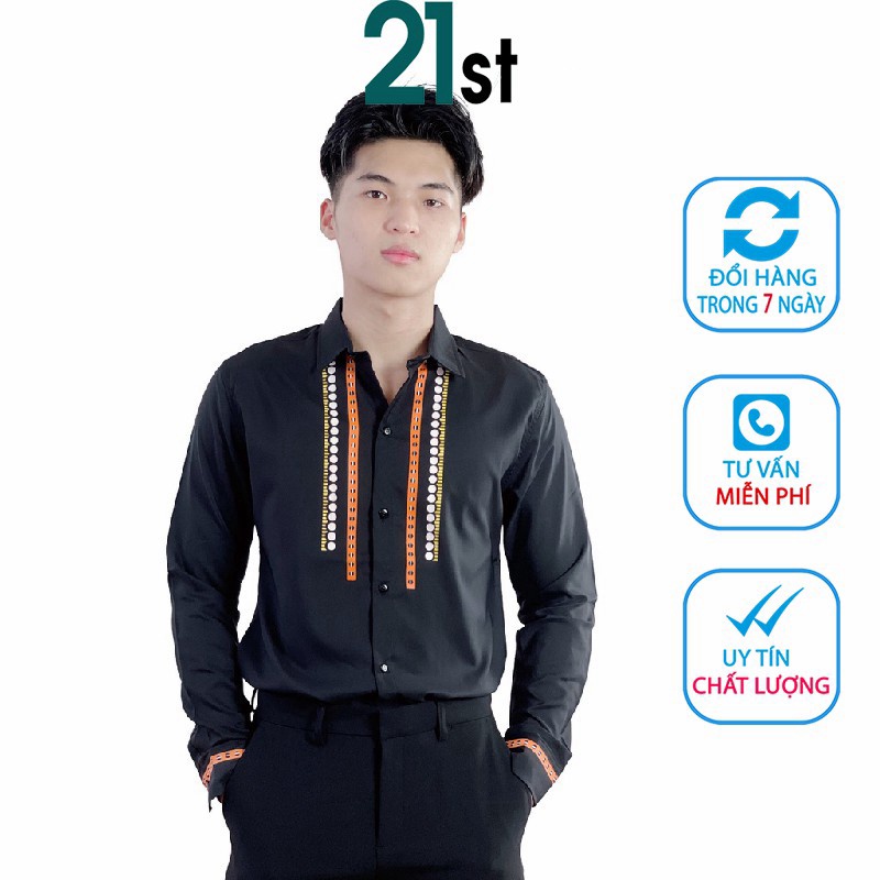Áo sơ mi nam tay dài form rộng phối họa tiết thổ cẩm cổ ngực 21 st chống nhăn mềm mịn LV51
