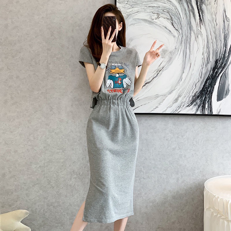 Đầm Thun Dáng Dài Qua Gối Ôm Eo In Họa Tiết Thời Trang Mùa Hè