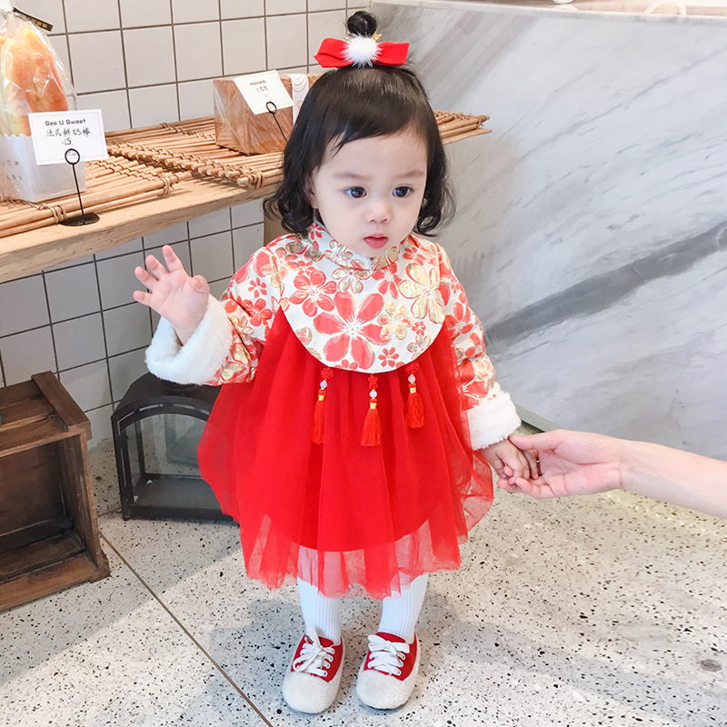 Đầm Nhung Phối Lưới Phong Cách Trung Hoa Dành Cho Bé Gái