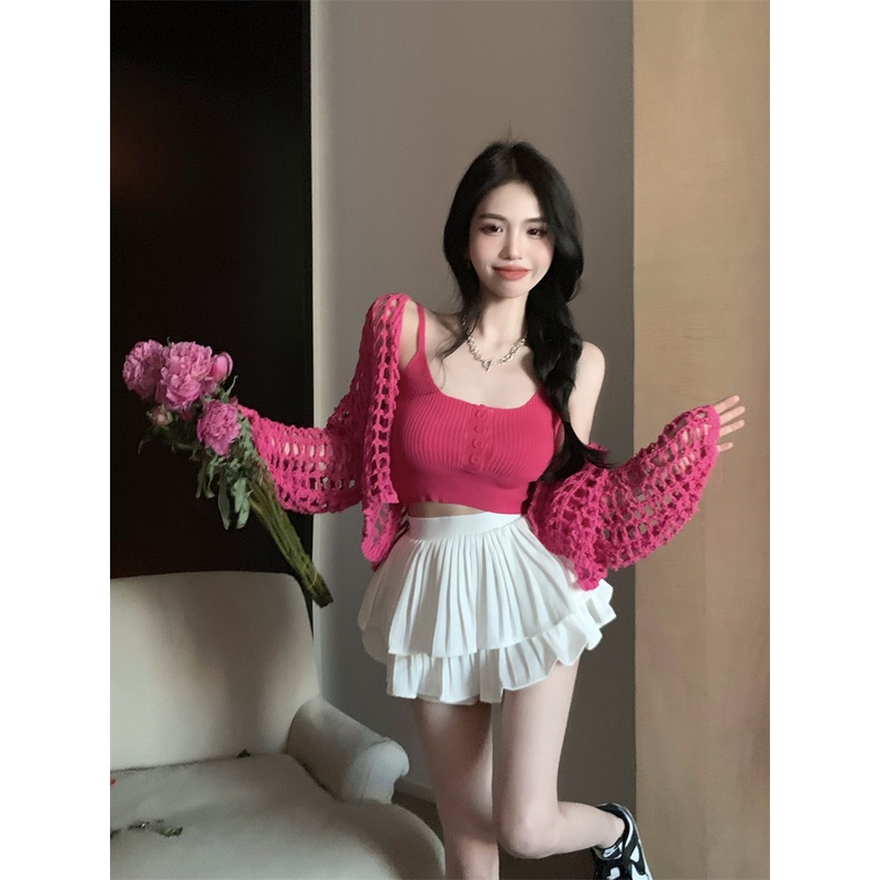 HUANG YOYO Set Áo Dây Dệt Kim + Áo Khoác cardigan Chống Nắng Thời Trang Hàn Quốc Cho Nữ