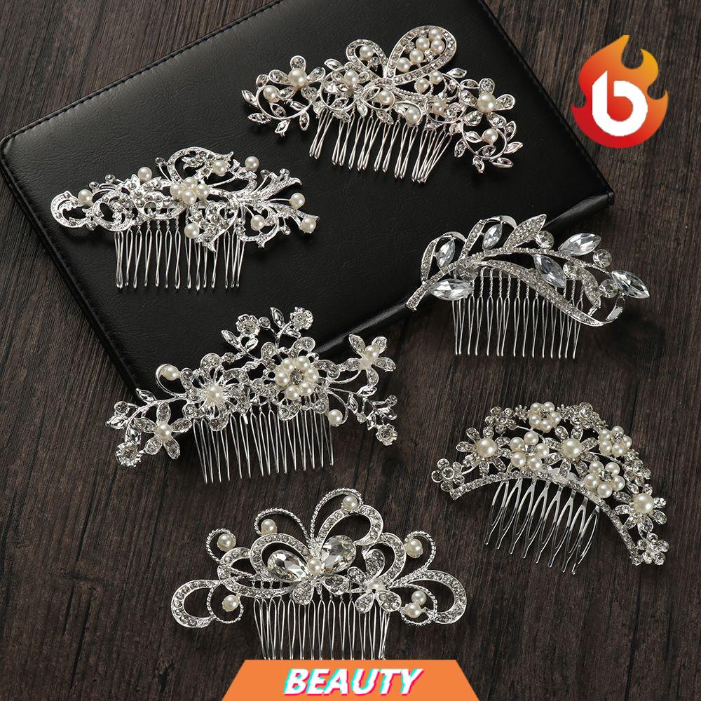 Lược cài tóc trang trí hình hoa lá đính ngọc trai sang trọng cho cô dâu