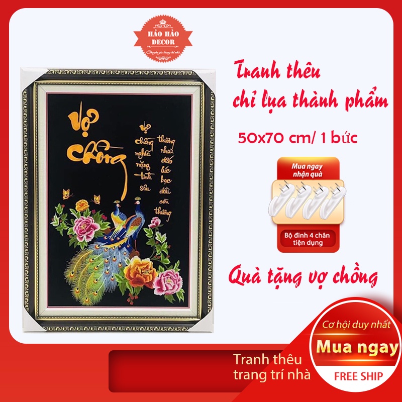 Tranh treo tường phòng khách, tranh thêu thành phẩm chưa khung vợ chồng