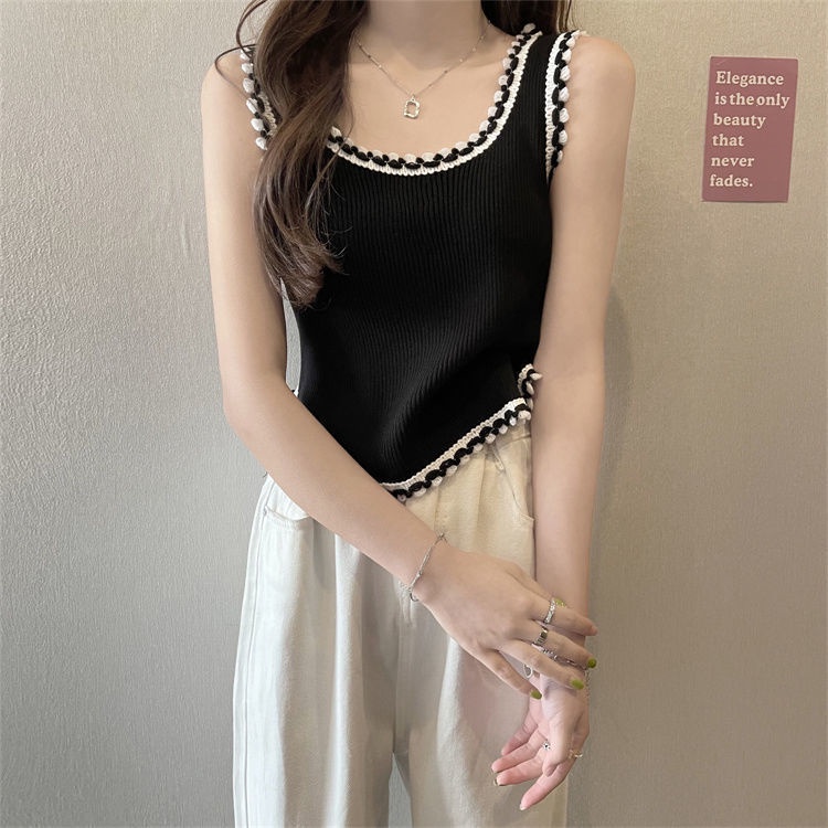 Áo IELGY dệt kim sát nách dáng rộng cổ chữ u màu tương phản thời trang cho nữ