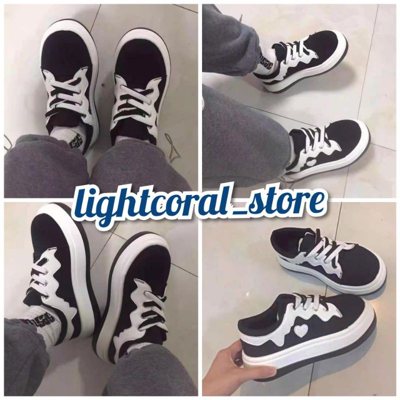 Giày nữ ulzzang học sinh đen phối viền trắng trái tim little heart đế độn xinh xắn ulzzang