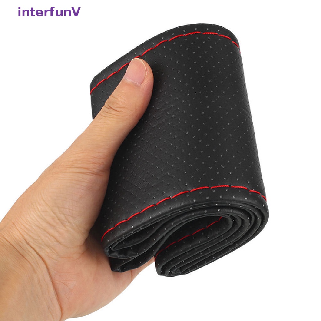 Vỏ Bọc Vô Lăng Xe Hơi DIY Bằng Da PU Màu Đen + Đỏ 38cm Kèm Chỉ Và Chỉ