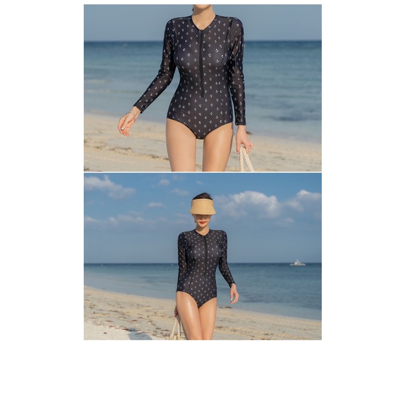 Monokini đồ bơi liền tay dài chấm bi trắng kéo khoá ngực