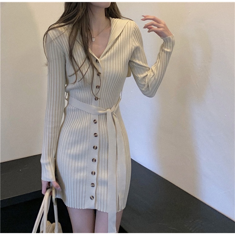 Đầm dệt kim dài tay cổ chữ V thiết kế đơn giản thời trang cho nữ