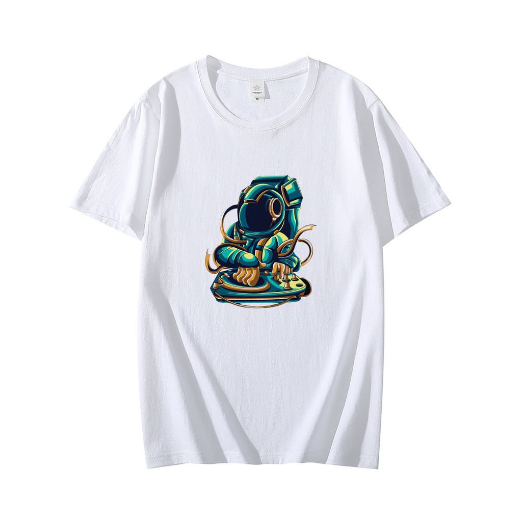 Áo Thun Nam Nữ Unisex Màu Trắng Tay Ngắn Cổ Tròn Hình In 3D Bộ Siêu Tập Phi Hành Gia SP02