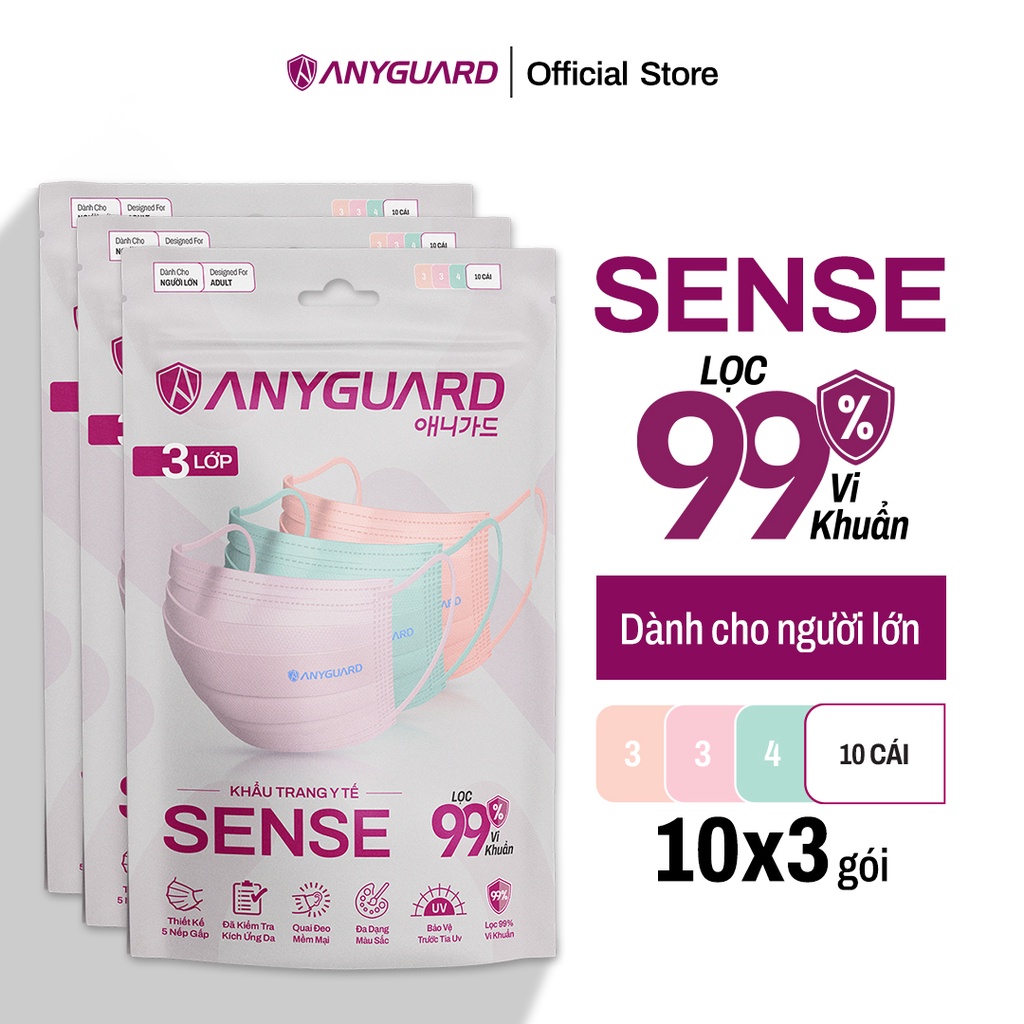 Khẩu Trang Hàn Quốc Sense ANYGUARD 3 Lớp Kháng Khuẩn, Ngăn Tia UV, An Toàn Cho Da Nhạy Cảm (30 Cái)