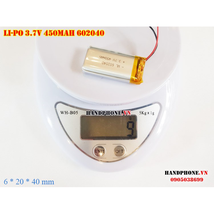 Pin Li-Po 3.7V 450mAh 602040 (Lithium Polymer) cho máy nội soi, định vị GPS, cân điện tử, máy ghi âm, camera hàng trình