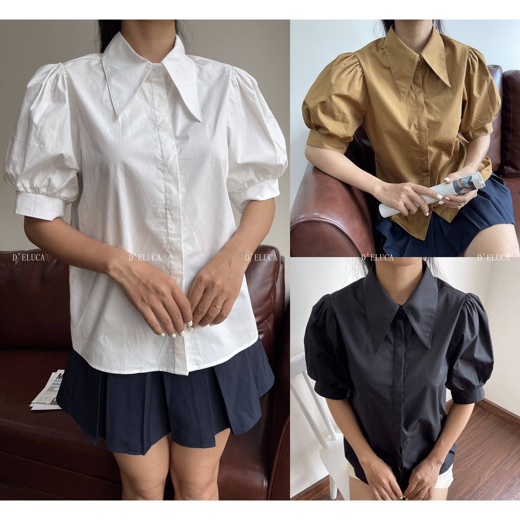 [Hình+Video Thật] Áo Sơ-mi Nữ Tay Bồng Cổ Nhọn Xinh Xắn Chất Liệu Thô Nhật Cao Cấp