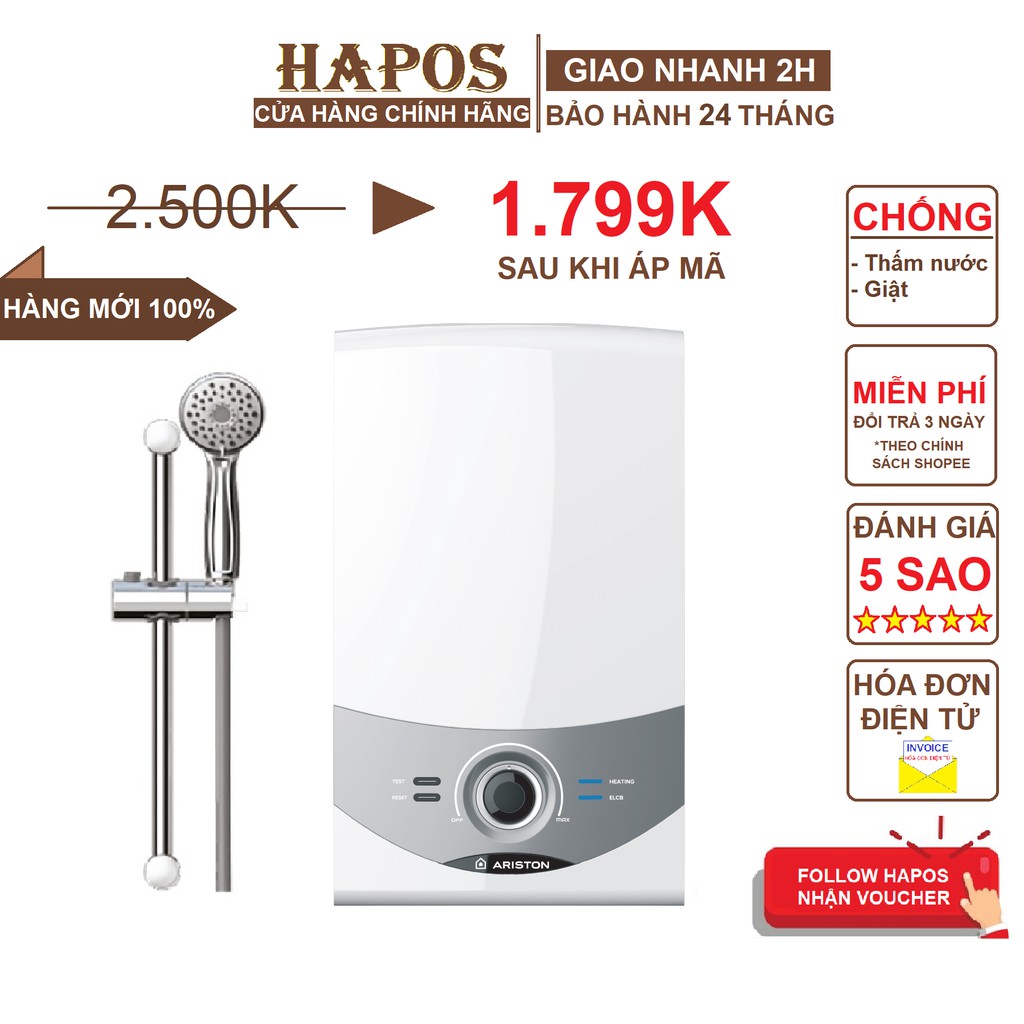 Máy nước nóng trực tiếp không bơm Ariston SM45E-VN Trắng - 4500W - 3 mức nhiệt - HAPOS phân phối