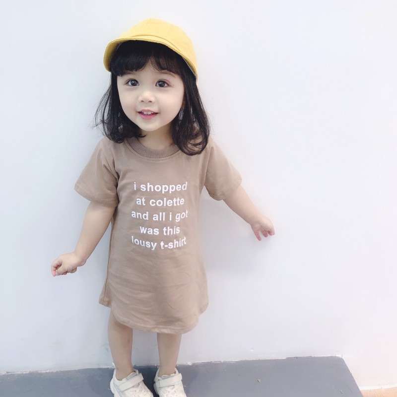 Đầm cotton ngắn tay in chữ dễ thương cho bé gái