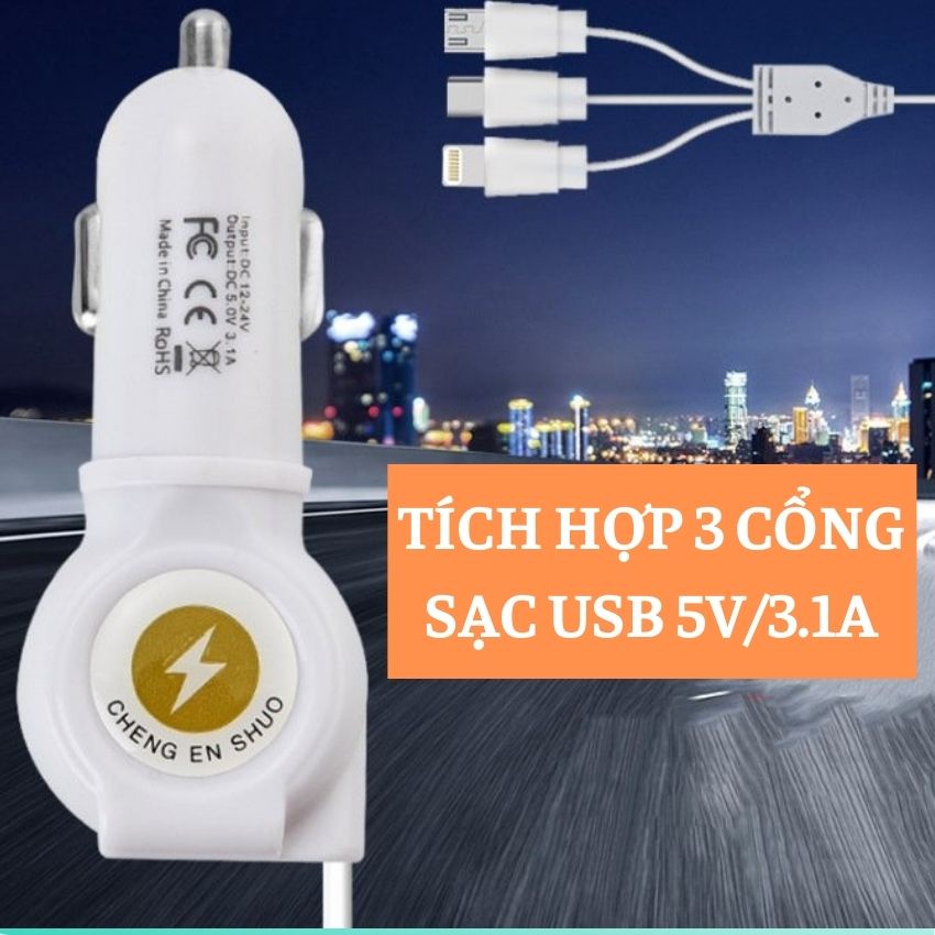 Tẩu Sạc Nhanh Ô Tô Chia 3 Cổng Usb 3.1a 1 Cổng Type-C Tích hợp Cáp Sạc Đa Năng